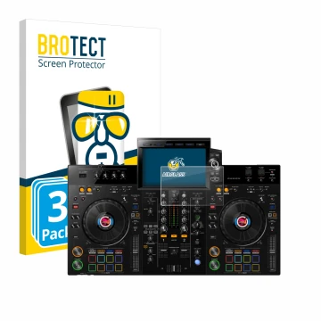 Face avant d’un emballage produit avec le logo de la marque BROTECT. À côté, l’appareil Pioneer XDJ-RX3 est représenté avec la