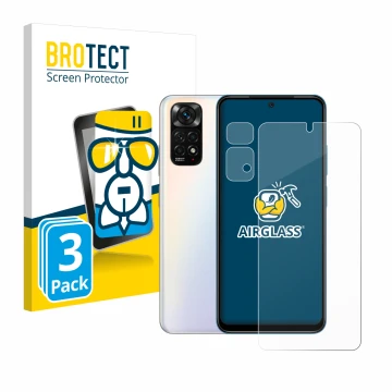 Face avant d’un emballage produit avec le logo de la marque BROTECT. À côté, l’appareil Xiaomi Redmi Note 11S (Avant+Caméra) e