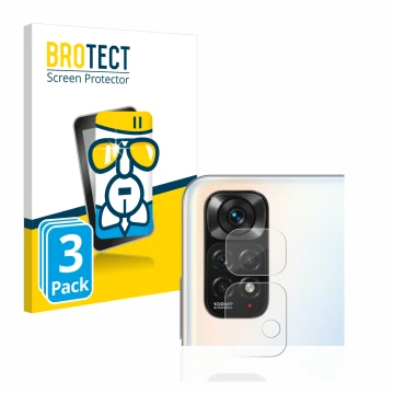 Face avant d’un emballage produit avec le logo de la marque BROTECT. À côté, l’appareil Xiaomi Redmi Note 11S (Caméra UNIQUEME