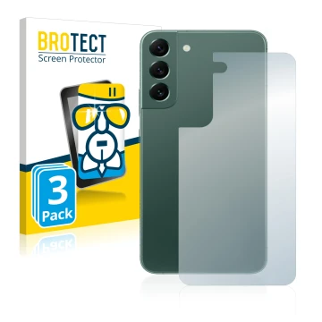Face avant d’un emballage produit avec le logo de la marque BROTECT. À côté, l’appareil Samsung Galaxy S22 Plus 5G (Arrière) e