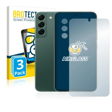 Face avant d’un emballage produit avec le logo de la marque BROTECT. À côté, l’appareil Samsung Galaxy S22 Plus 5G (Avant+Camé