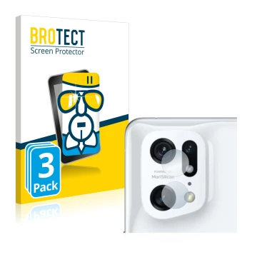 Face avant d’un emballage produit avec le logo de la marque BROTECT. À côté, l’appareil Oppo Find X5 Pro (Caméra UNIQUEMENT) e