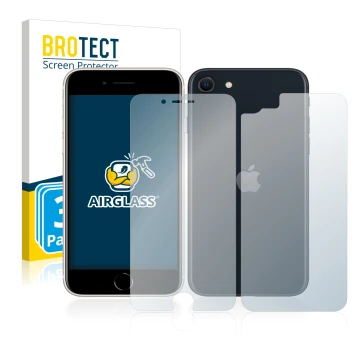 Face avant d’un emballage produit avec le logo de la marque BROTECT. À côté, l’appareil Apple iPhone SE 3 2022 (Avant+Arrière)