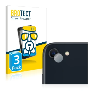 Face avant d’un emballage produit avec le logo de la marque BROTECT. À côté, l’appareil Apple iPhone SE 3 2022 (Caméra UNIQUEM