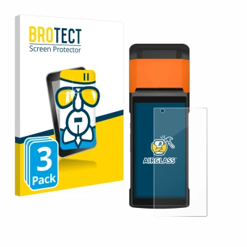 Face avant d’un emballage produit avec le logo de la marque BROTECT. À côté, l’appareil Sunmi V2s est représenté avec la prote