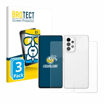 Face avant d’un emballage produit avec le logo de la marque BROTECT. À côté, l’appareil Samsung Galaxy A53 5G (Avant+Arrière) 