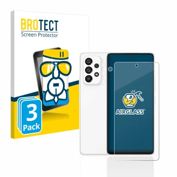 Face avant d’un emballage produit avec le logo de la marque BROTECT. À côté, l’appareil Samsung Galaxy A53 5G (Avant+Caméra) e