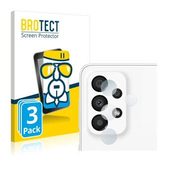 Face avant d’un emballage produit avec le logo de la marque BROTECT. À côté, l’appareil Samsung Galaxy A33 5G (Caméra UNIQUEME