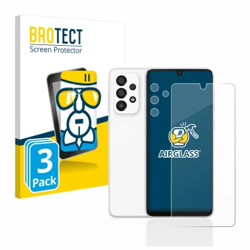 Face avant d’un emballage produit avec le logo de la marque BROTECT. À côté, l’appareil Samsung Galaxy A33 5G (Avant+Caméra) e