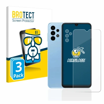 Face avant d’un emballage produit avec le logo de la marque BROTECT. À côté, l’appareil Samsung Galaxy A13 (Avant+Caméra) est 