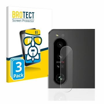 Face avant d’un emballage produit avec le logo de la marque BROTECT. À côté, l’appareil Sony Xperia 1 IV (Caméra UNIQUEMENT) e