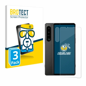 Face avant d’un emballage produit avec le logo de la marque BROTECT. À côté, l’appareil Sony Xperia 1 IV (Avant+Caméra) est re
