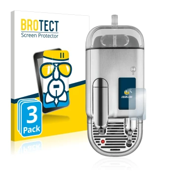 Face avant d’un emballage produit avec le logo de la marque BROTECT. À côté, l’appareil Sage Nespresso Creatista Pro est repré