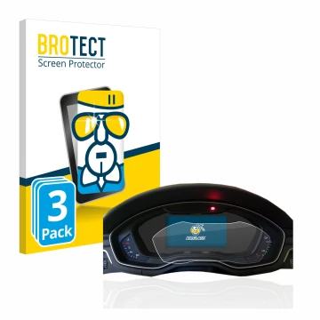 Face avant d’un emballage produit avec le logo de la marque BROTECT. À côté, l’appareil Audi A4 B9 2017 Virtual Cockpit est re