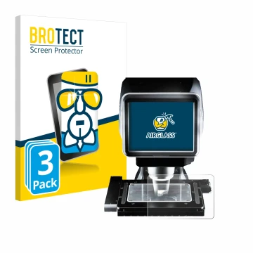 Face avant d’un emballage produit avec le logo de la marque BROTECT. À côté, l’appareil Keyence LM-1100 Dessus en verre est re