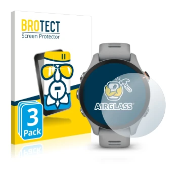 Face avant d’un emballage produit avec le logo de la marque BROTECT. À côté, l’appareil Garmin Forerunner 255S est représenté 