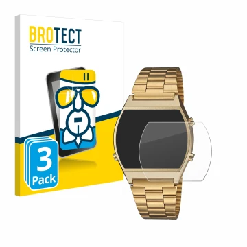 Face avant d’un emballage produit avec le logo de la marque BROTECT. À côté, l’appareil Casio Retro B640WB est représenté avec
