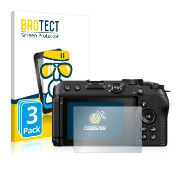 Face avant d’un emballage produit avec le logo de la marque BROTECT. À côté, l’appareil Nikon Z 30 est représenté avec la prot