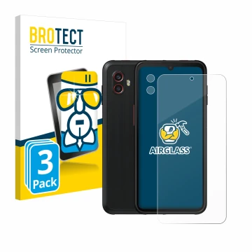 Face avant d’un emballage produit avec le logo de la marque BROTECT. À côté, l’appareil Samsung Galaxy Xcover 6 Pro (Avant+Cam