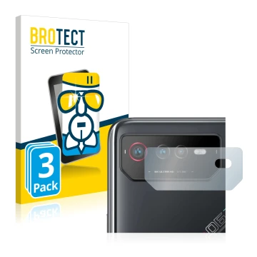 Face avant d’un emballage produit avec le logo de la marque BROTECT. À côté, l’appareil ASUS ROG Phone 6 (Caméra UNIQUEMENT) e