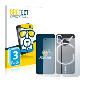Face avant d’un emballage produit avec le logo de la marque BROTECT. À côté, l’appareil Nothing Phone (1) (Avant+Arrière) est 