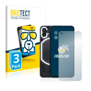 Face avant d’un emballage produit avec le logo de la marque BROTECT. À côté, l’appareil Nothing Phone (1) (Avant+Caméra) est r
