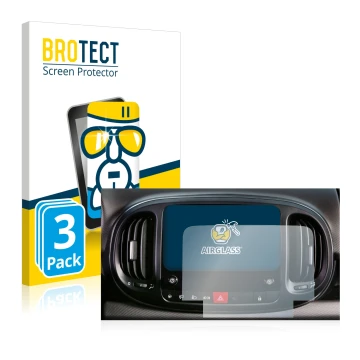 Face avant d’un emballage produit avec le logo de la marque BROTECT. À côté, l’appareil Fiat 500L 2022 Uconnect 7