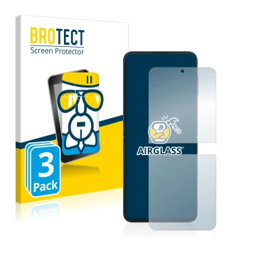Face avant d’un emballage produit avec le logo de la marque BROTECT. À côté, l’appareil Samsung Galaxy Z Flip 4 est représenté