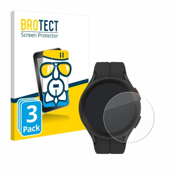Face avant d’un emballage produit avec le logo de la marque BROTECT. À côté, l’appareil Samsung Galaxy Watch 5 Pro est représe