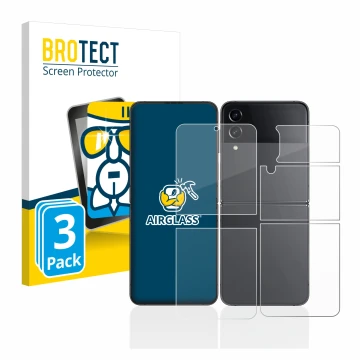 Face avant d’un emballage produit avec le logo de la marque BROTECT. À côté, l’appareil Samsung Galaxy Z Flip 4 (Avant+Arrière