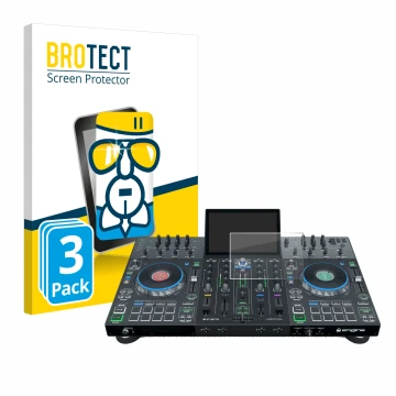 Face avant d’un emballage produit avec le logo de la marque BROTECT. À côté, l’appareil Denon DJ Prime 4 est représenté avec l