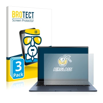Face avant d’un emballage produit avec le logo de la marque BROTECT. À côté, l’appareil ASUS ZenBook S13 OLED est représenté a