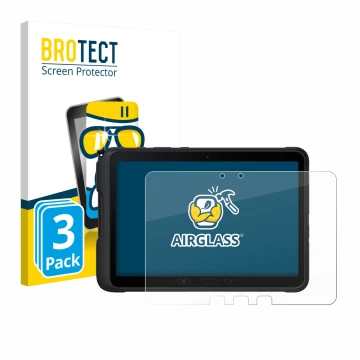 Face avant d’un emballage produit avec le logo de la marque BROTECT. À côté, l’appareil Samsung Galaxy Tab Active 4 Pro est re