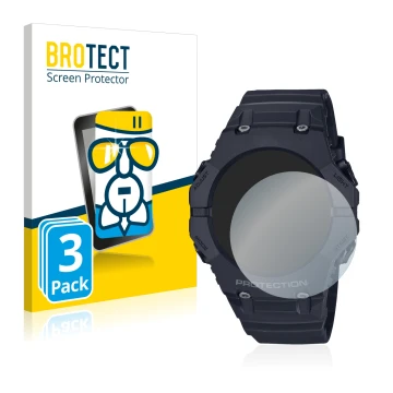 Face avant d’un emballage produit avec le logo de la marque BROTECT. À côté, l’appareil Casio G-Shock GA-B001 est représenté a