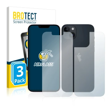 Face avant d’un emballage produit avec le logo de la marque BROTECT. À côté, l’appareil Apple iPhone 14 (Avant+Arrière) est re