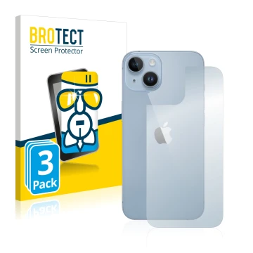 Face avant d’un emballage produit avec le logo de la marque BROTECT. À côté, l’appareil Apple iPhone 14 (Arrière) est représen