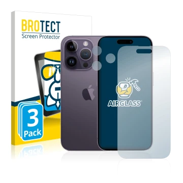Face avant d’un emballage produit avec le logo de la marque BROTECT. À côté, l’appareil Apple iPhone 14 Pro (Avant+Caméra) est