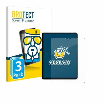 Face avant d’un emballage produit avec le logo de la marque BROTECT. À côté, l’appareil Apple iPad Pro 12.9