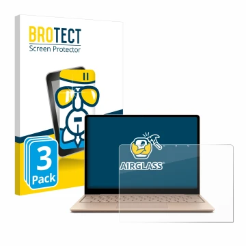 Face avant d’un emballage produit avec le logo de la marque BROTECT. À côté, l’appareil Microsoft Surface Laptop Go 2 Business