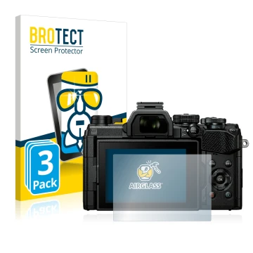 Face avant d’un emballage produit avec le logo de la marque BROTECT. À côté, l’appareil Olympus OM System OM-5 est représenté 