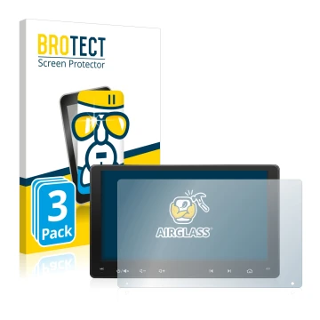Face avant d’un emballage produit avec le logo de la marque BROTECT. À côté, l’appareil Atoto A6 PF 9 Zoll est représenté avec