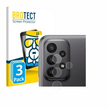 Face avant d’un emballage produit avec le logo de la marque BROTECT. À côté, l’appareil Samsung Galaxy A23 5G (Caméra UNIQUEME