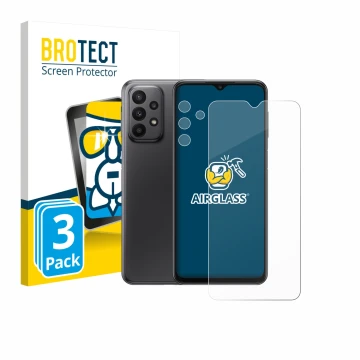 Face avant d’un emballage produit avec le logo de la marque BROTECT. À côté, l’appareil Samsung Galaxy A23 5G (Avant+Caméra) e