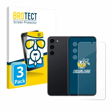 Face avant d’un emballage produit avec le logo de la marque BROTECT. À côté, l’appareil Samsung Galaxy S23 (Avant+Caméra) est 