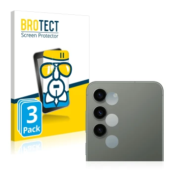 Face avant d’un emballage produit avec le logo de la marque BROTECT. À côté, l’appareil Samsung Galaxy S23 Plus (Caméra UNIQUE