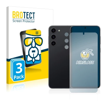 Face avant d’un emballage produit avec le logo de la marque BROTECT. À côté, l’appareil Samsung Galaxy S23 Plus (Avant+Caméra)