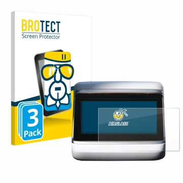 Face avant d’un emballage produit avec le logo de la marque BROTECT. À côté, l’appareil Tesla Model X Plaid 2023 (Affichage ar