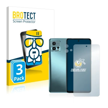 Face avant d’un emballage produit avec le logo de la marque BROTECT. À côté, l’appareil Motorola Moto G72 (Avant+Caméra) est r