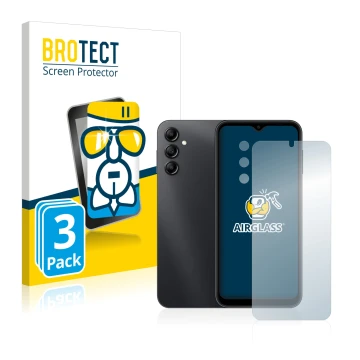 Face avant d’un emballage produit avec le logo de la marque BROTECT. À côté, l’appareil Samsung Galaxy A14 5G (Avant+Caméra) e