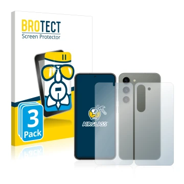 Face avant d’un emballage produit avec le logo de la marque BROTECT. À côté, l’appareil Samsung Galaxy S23 (Avant+Arrière) est